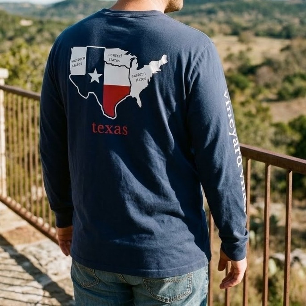 Vineyard Vines Texas Lone Star Flag Map Graphic LS Tee Navy Blue Men's XL